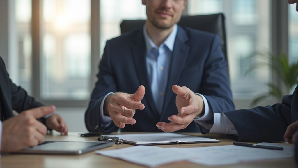 Zakenman die onderhandelingen voert in professionele setting met vertrouwen en assertiviteit