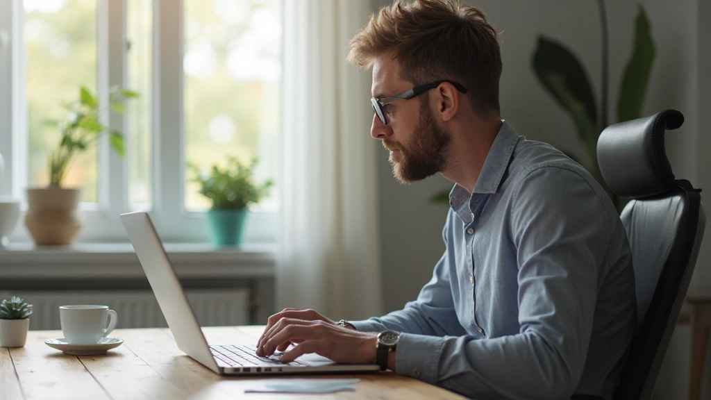 Freelancer werkt thuis op laptop met koffiekopje