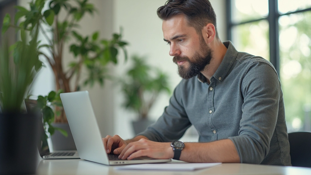 Professioneel portret van man met twee handen zichtbaar aan bureau werkend aan computer, startup omgeving met notities, schone werkplek zonder tekst, professional photography