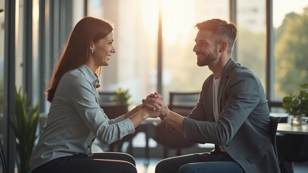 Twee professionals met twee handen per persoon zichtbaar in gesprek in kantoor, handdruk moment, professionele kleding, schone omgeving, professional photography