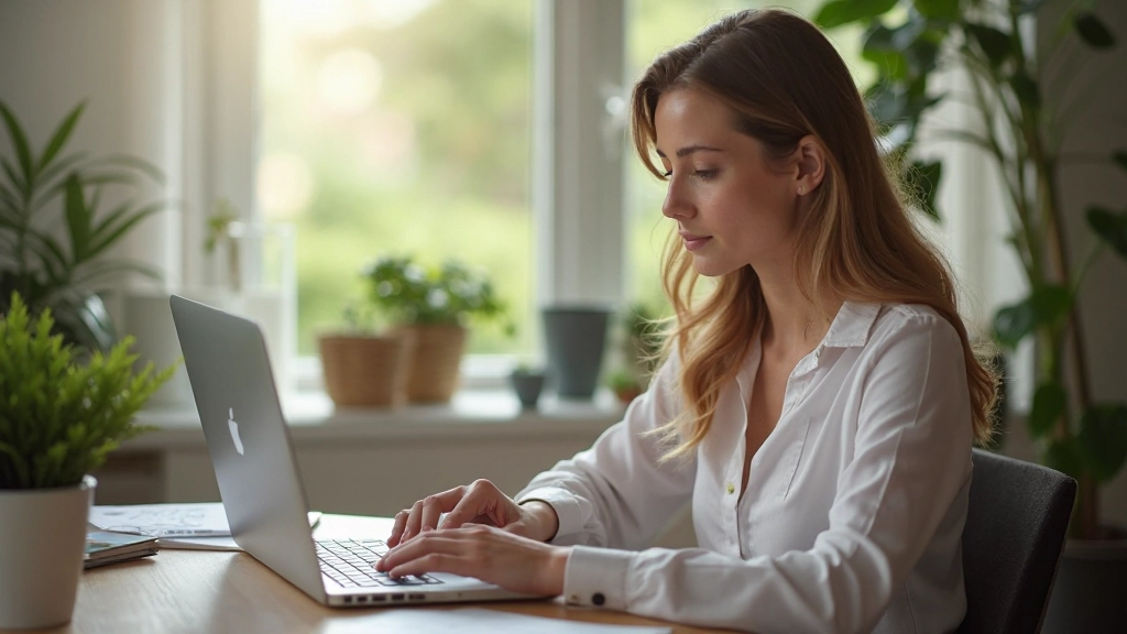Professioneel portret van vrouw met twee handen zichtbaar, aan laptop werkend in thuiskantoor, schone werkplek zonder zichtbare tekst, professional photography