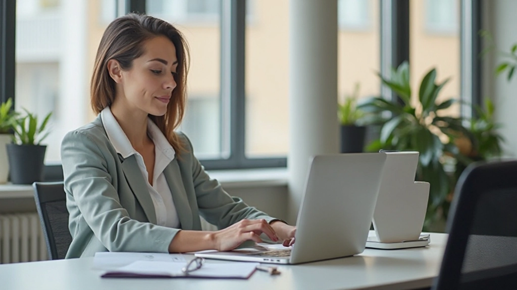 Professioneel werkende vrouw met twee handen zichtbaar, typend op laptop aan moderne werkplek met natuurlijk daglicht, schone kantooromgeving zonder zichtbare tekst, professional photography